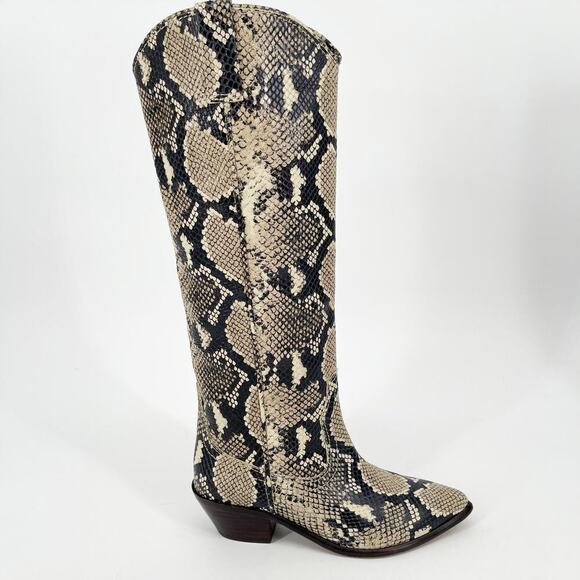 Loeffler Randall Dylan Tall Sand Snakeskin Embossed Block Heel Western Boot sz 6 - Picture 2 of 11